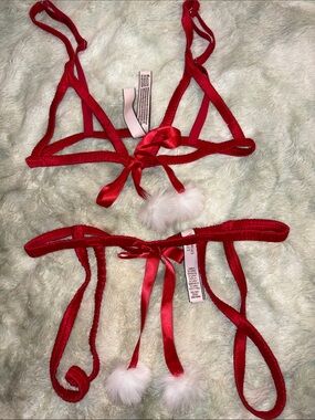 Victoria’s Secret XS limited edition red Strappy Lingerie Set with PomPom Accent